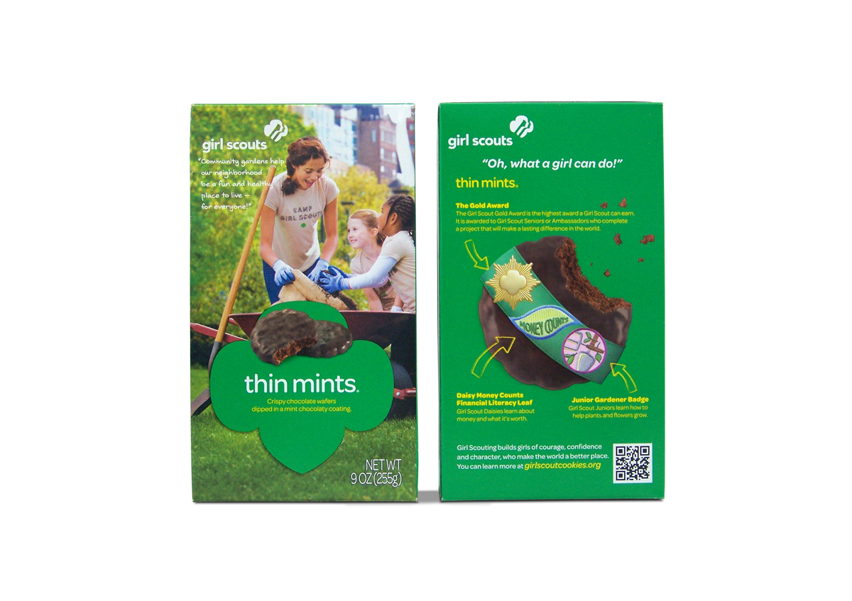 GIRL SCOUTS COOKIE BOXES<br><br>Following the 2010-2011 cookie marketing campaign, “What a Cookie Can Do”, part of the Girl Scouts rebrand work of 2011 was to do design update for the cookie boxes. Working with Anthem Worldwide (https://www.anthemww.com/) and photographer David Kennerly (https://kennerly.com/), I directed a redesign that once again made the cookie the actor, and we landed on an “alternate fronts” concept where one front became an evolution from the previous boxes design, with the alternate front using the sashed cookie to once again tell the story of what, exactly, these cookies do for girls.
